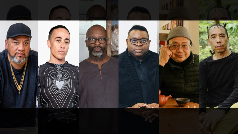 Head shots of Rirkrit Tiravanija, Isaac Julien, Theaster Gates, Apichatpong Weerasethakul, Wu Tsang, and Jeffrey Gibson. 