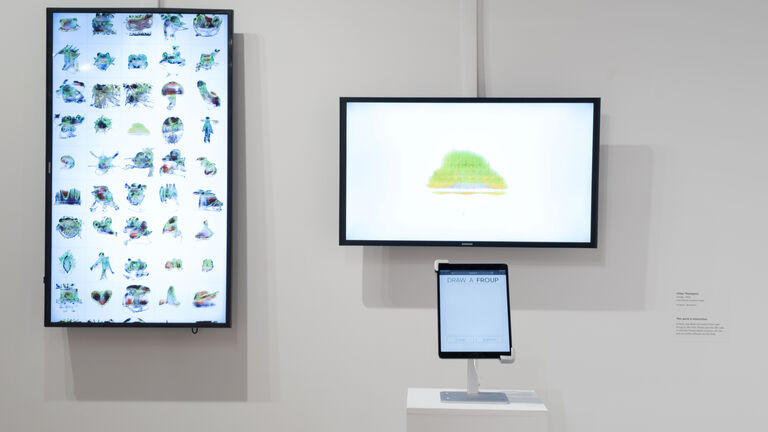 Installation view of Froups consisting of one interactive iPad and two display screens