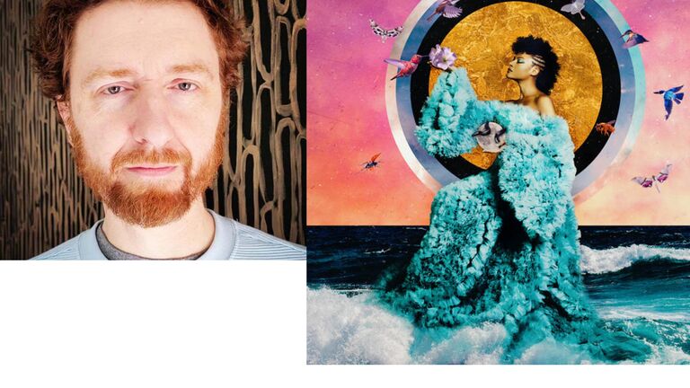 Photograph of Drew Lindsay next to album cover of The Returner