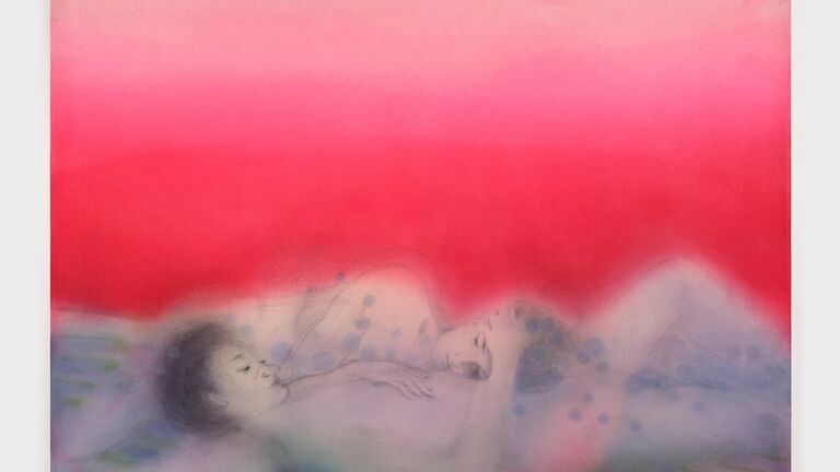 A soft painting of two figures laying together with a red and pink background.