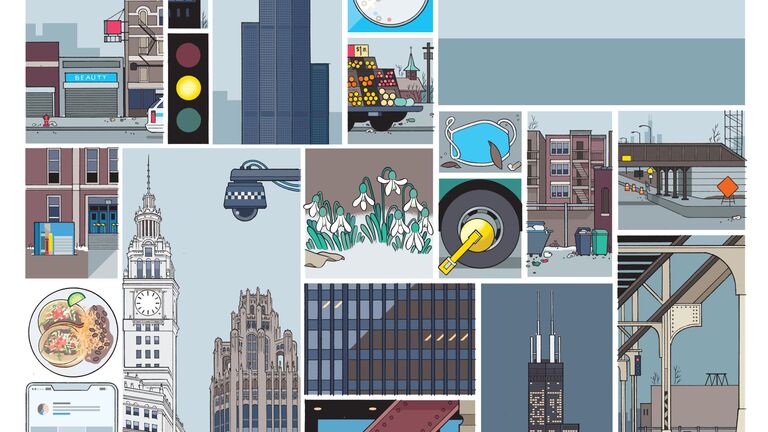 Comic grid of a Chicago's infrastructures by Chris Ware