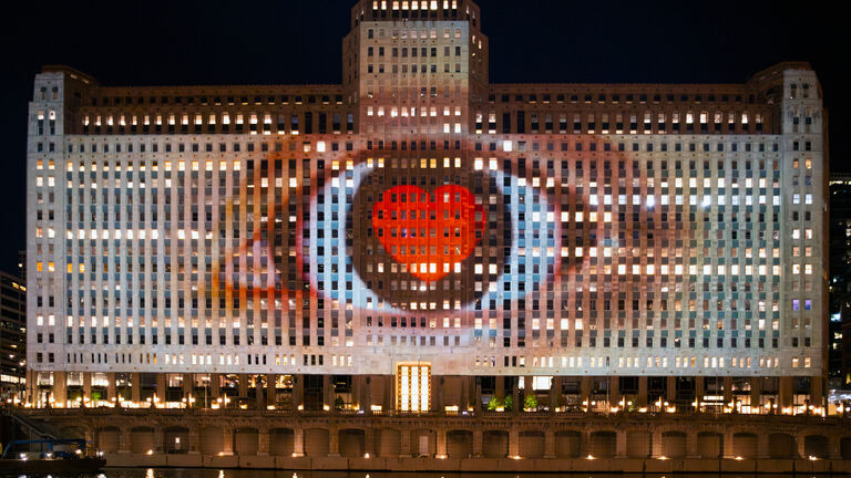 Art projected outside of the Merchandise Mart