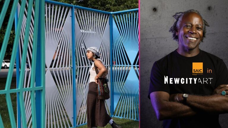 a person stands in front of a blue and white installation. Left is a collage of a man wearing a black shirt with his arms crossed.