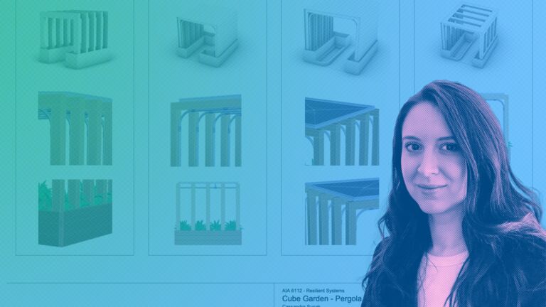 Portrait of a woman with long dark hair, presented in a blue and green halftone style overlay. Behind her is a project board featuring 3D renderings of a modular garden pergola design called 'Cube Garden - Pergola' by Cassandra Supak for the School of the Art Institute of Chicago, dated December 11, 2024. The board shows different views and variations of the cube-shaped pergola structure with integrated planters.