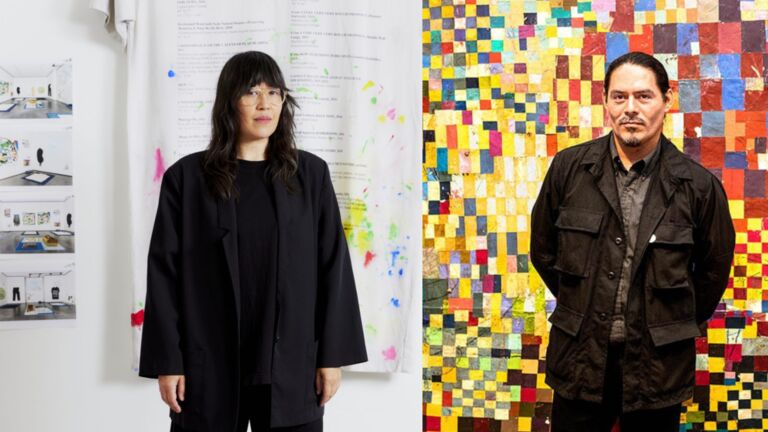 Amanda Ross-Ho stands in a white studio with painted fabric and gallery images behind her. william cordova stands in front of a vibrant, checkered mosaic wall. Both wear dark clothing and face the camera.