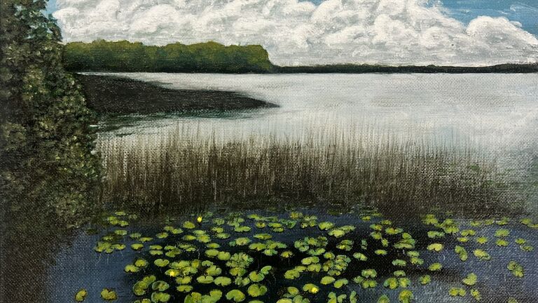 Water-based painting of a body of water with vibrant green lily pads and  by Bill Blankemeier.