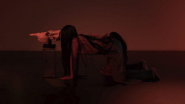 Camila with long hair on all fours with a horse skull in front of her, and a long hairy tail. 