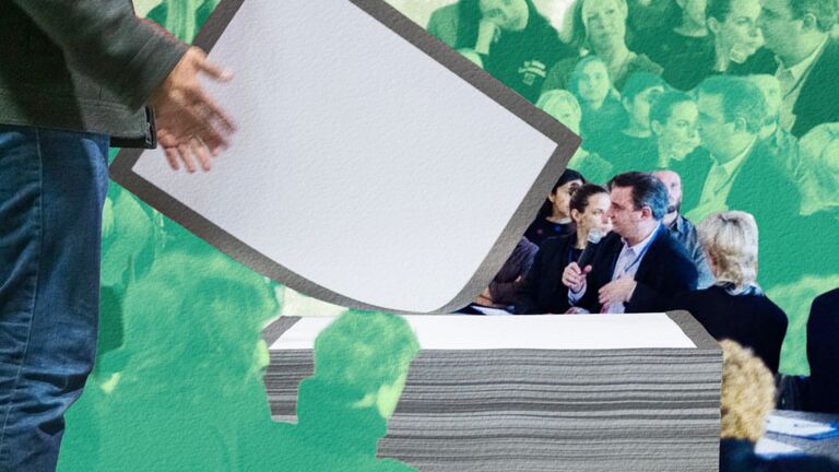 collage-style graphic blending a photograph of a group discussion with layered cut-out imagery. In the photo, participants sit in a circle, with one person speaking into a microphone. Overlaid are large illustrated sheets of paper and tinted green silhouettes of the audience, referencing MCA Chicago visitors interacting with Felix Gonzalez-Torres’s work “Untitled” (The End), 1990.