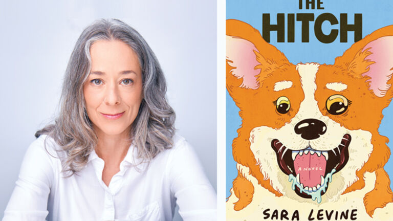 A portrait of a woman with gray hair wearing a white shirt sits beside a colorful illustrated book cover featuring a barking corgi and the title “The Hitch.”