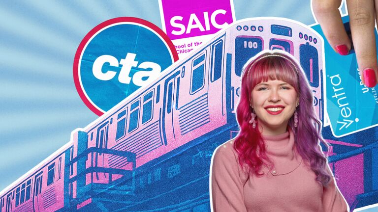 A pink and blue halftone Chicago train moves across an elevated track. A large CTA logo, an SAIC card, and a hand holding a blue Ventra card appear behind the train. A student with pink and purple hair, wearing a light pink sweater and drop earrings, smiles in the foreground.