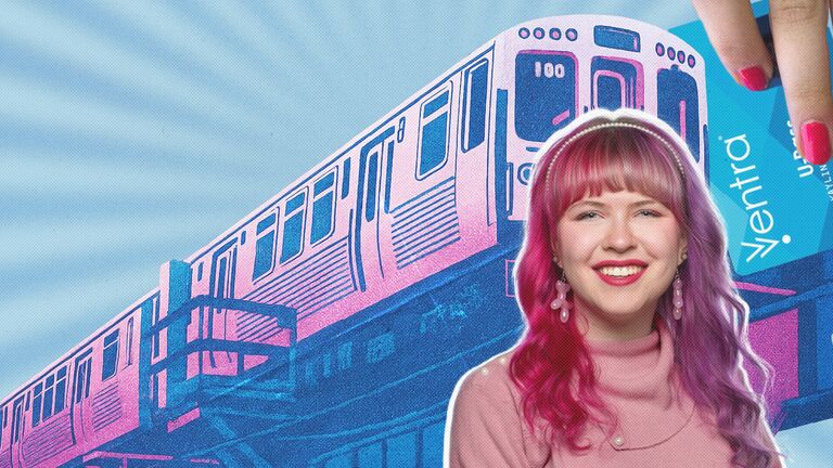 Blue and white background with pink and blue train