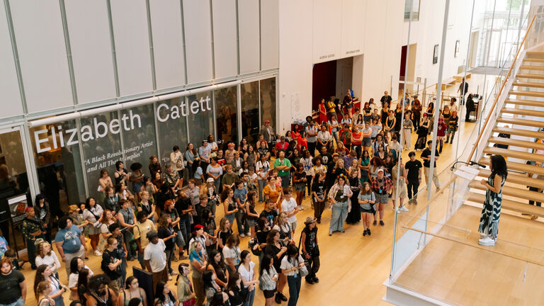Jiseon Lee Isbara speaking to the incoming SAIC class in the museum. 