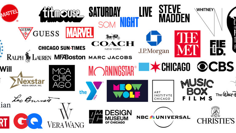 Various network, designer, museum, and more brand logos against a white background.