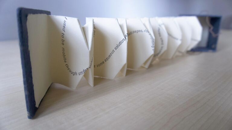 A book folded like an accordion with a blue cover.