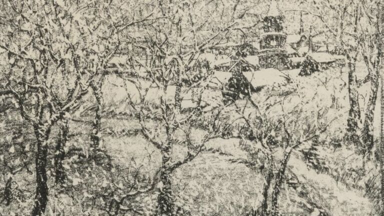 an etching of a winter scene