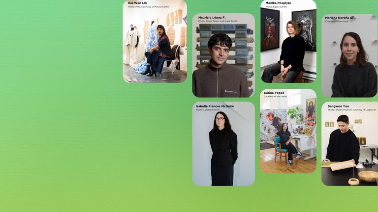 Portraits of seven artists — Hai-Wen Lin, Mauricio López F., Monika Plioplyte, Isabelle Frances McGuire, Carina Yepez, Mariana Noreña G., and Sangwoo Yoo — arranged on a green gradient background, each pictured in their studio or workspace.