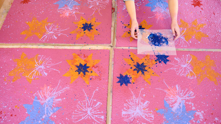 Pink, orange, and blue artwork.