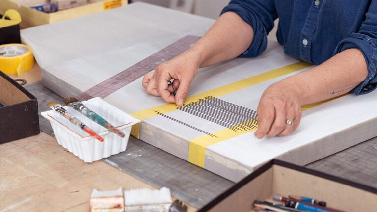 2021 Joan Mitchell Fellow Emily Gherard working in the studio on a painting. Photo by Meggan Joy.