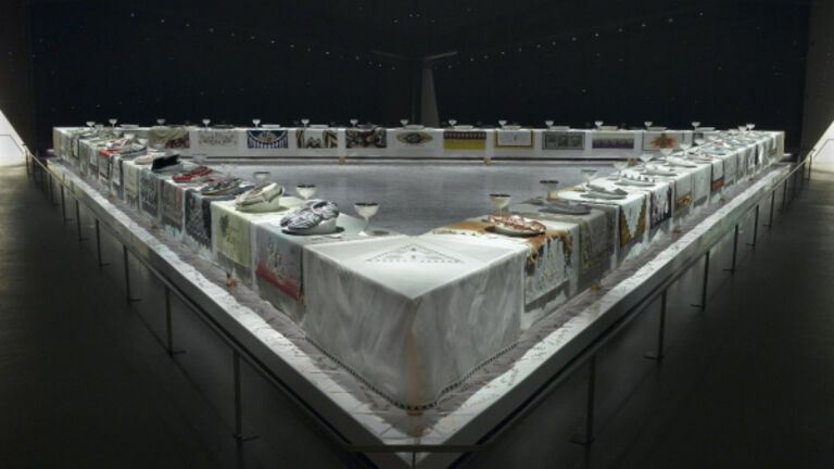 Judy Chicago (American, born 1939). The Dinner Party, 1974–79. Ceramic, porcelain, textile, 576 × 576 in. (1463 × 1463 cm). Brooklyn Museum, Gift of the Elizabeth A. Sackler Foundation, 2002.10. © Judy Chicago. (Photo: Donald Woodman)