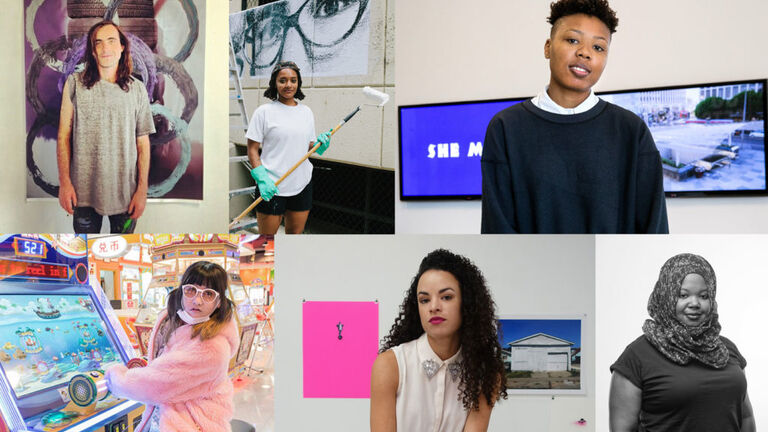 Clockwise from left: Sam Falls (courtesy Brand New Gallery); Tatyana Fazlalizadeh (photo by Teddy Wachholz); Martine Syms (courtesy The Broad); Kameelah Janan Rasheed (courtesy Pinchuk Foundation); Sadie Barnette (courtesy the artist); and Lu Yang