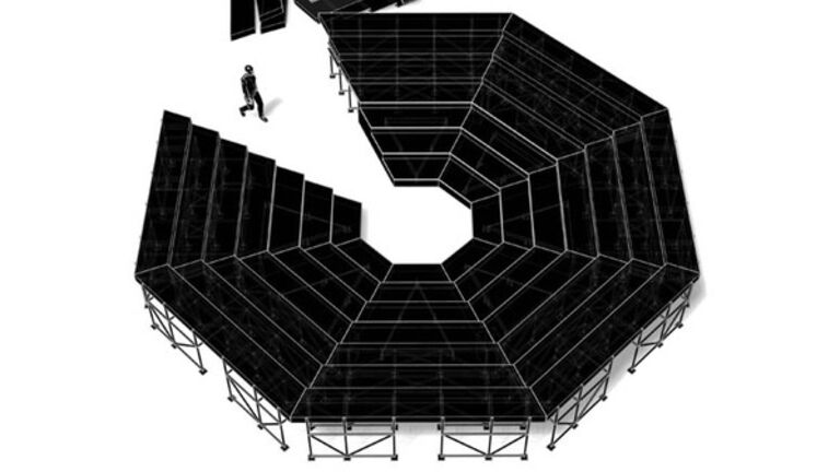 A drawing of a black octagonal structure with a figure walking in to an opening 