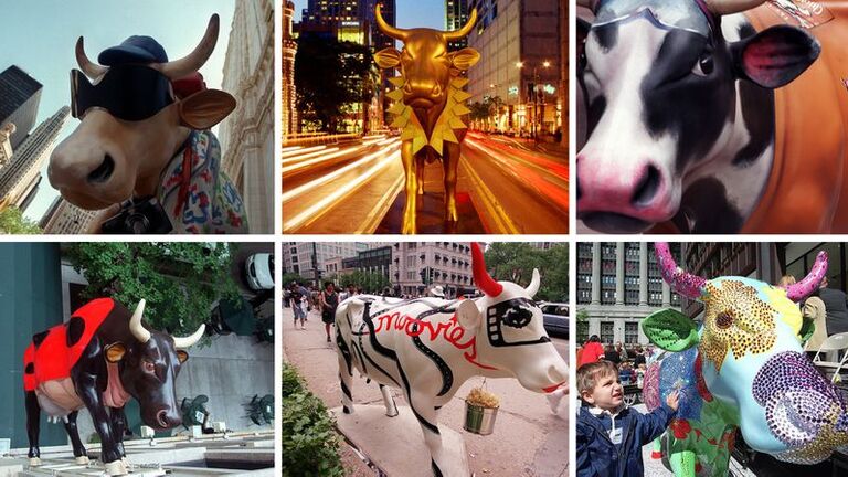 "Cows on Parade" in Chicago in 1999, including a couple on Michigan Avenue, a LaSalle Bank Marathon cow, "Nine Spotted Lady Bug Cow" on the side of the Talbot Hotel, the Chicago Film Festival cow and "Rhinestone Cowgirl." (Tribune photos)