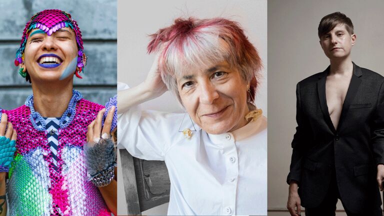 A Filipinx nonbinary person wearing colorful clothing throws back their head and smiles. A white woman with short white hair, geometric earrings, and white collarless shirt poses seated. A white nonbinary person in a black power suit stands with cane.