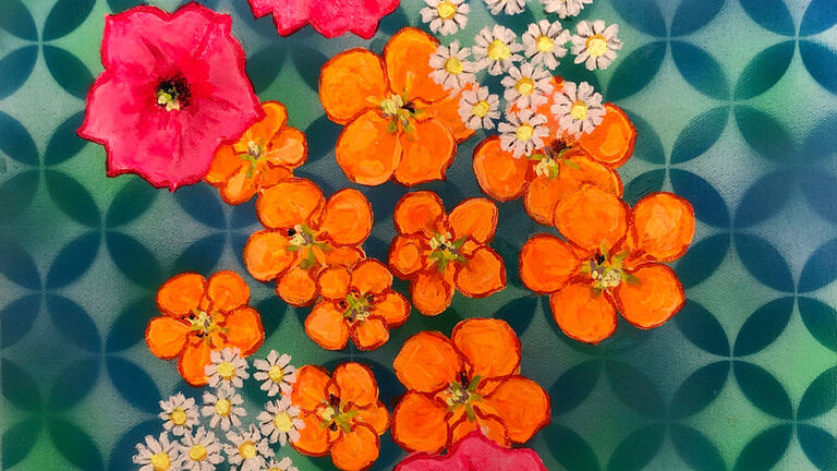 A colorful painting of flowers over an abtract background