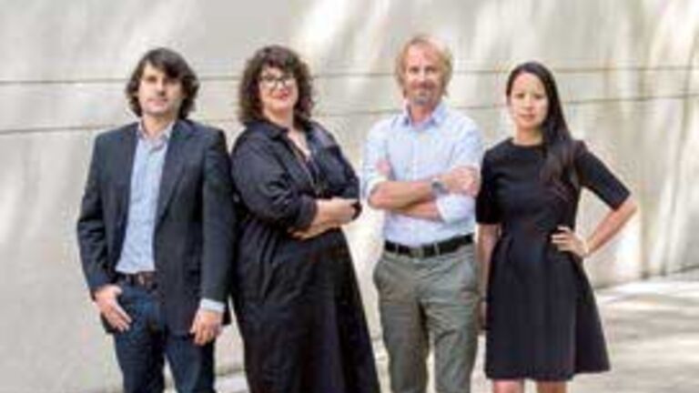 US Pavilion curatorial team. From left: Associate Curator Iker Gil with Curators Mimi Zeiger, Niall Atkinson, and Ann Lui