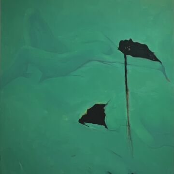 A large green painting with a figure laying down in the center of the canvas with a black face with paint dripping down in a single line. 