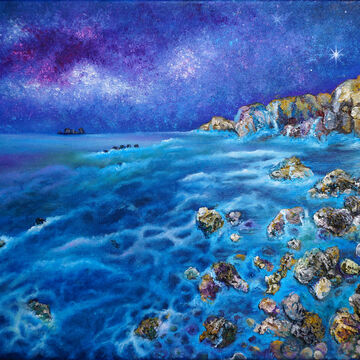 An oil painting on canvas depicting some rocks, water and a night sky with hues of blues and purples and bright stars in the background. 