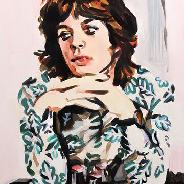 An acrylic painting of Mick Jagger with his hands crossed by his face while wearing a white and turquoise long-sleeved shirt with a black watch.