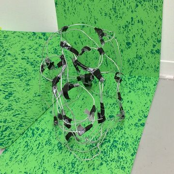 A piece made of wires against a green backdrop