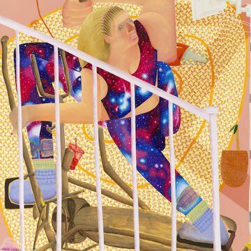 A large abstract oil painting depicting a figure in a blue and pink space themed workout outfit using an elliptical by a staircase.
