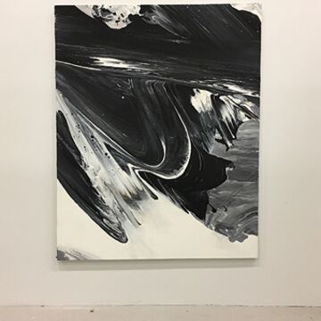 Documentation of an abstract painting featuring large black-and-white brushstrokes.