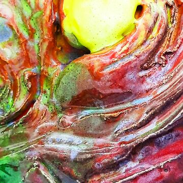 A colorful, abstracted closeup of a ceramic piece