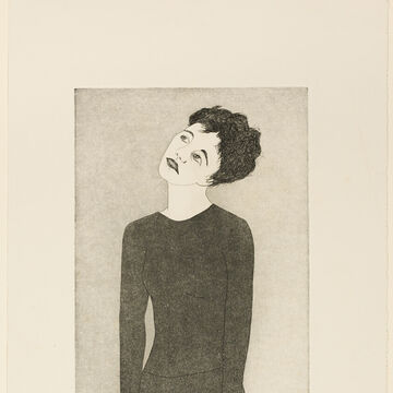 An etching and aquatint of a person wearing a long black dress on gray wove paper.