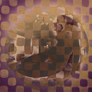 A purple and gold checkered pattern over a photograph of a naked figure. 