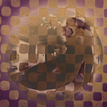 A purple and gold checkered pattern over a photograph of a naked figure.