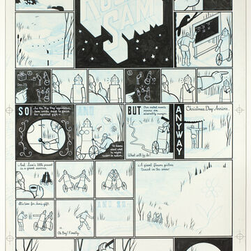 A large-panel comic made with pen and black ink, over graphite, with white gouache, and blue colored pencil on Bristol board.