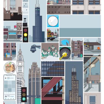 An illustration of various Chicago buildings, food and landscapes.