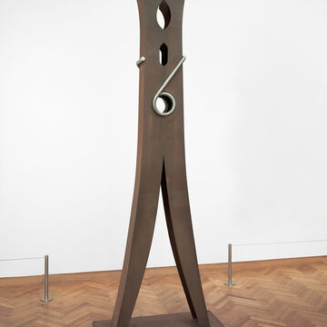 An installation of a clothespin made with Cor-ten and stainless steel.