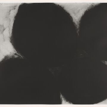 A large, black, abstact shaped aquatint on white woven paper. 