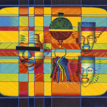 A colorful oil painting of several heads, Earth, and a set of keys on linen.