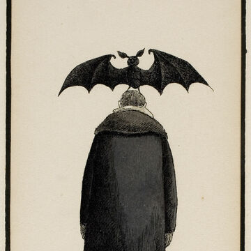 A black ink and brush painting of a man with a bat on his head on cream wove paper.