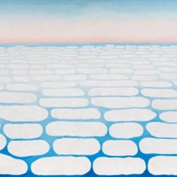 An oil painting of irregular white ovals over a gradient blue background. 