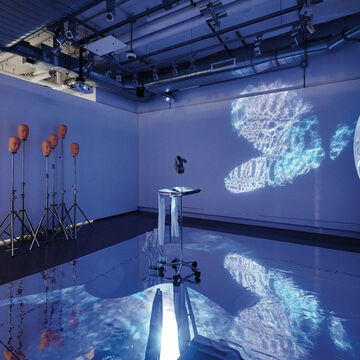 A mirror on the floor with a metal object in the center with a set of mannequin heads on tripods placed along the wall.