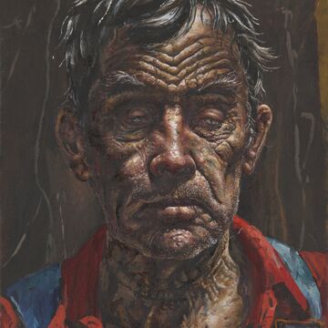An oil painting of a man wearing a red button down shirt and blue overalls. 