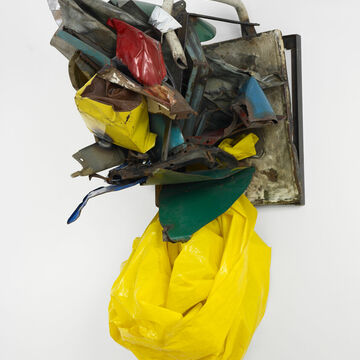 A found materials installation including steel, paint, and plastic.