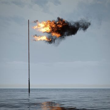 An image of a flag pole in a body of water with a fire and smoke flag. 
